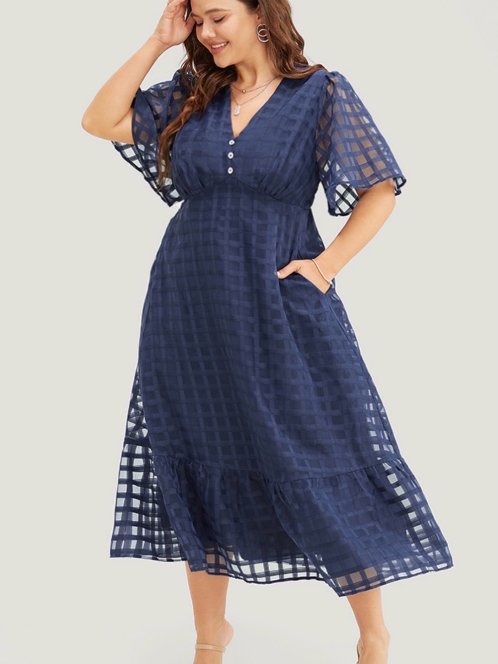 BloomChic Navy Check V-Neck Midi Dress NWT